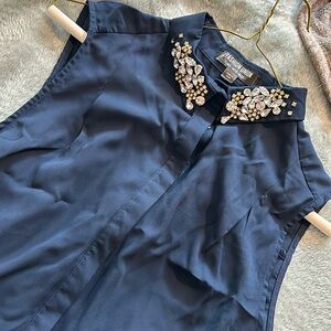 Navy Sleeveless Button Down Blouse with Crystal Collar size L-NWT